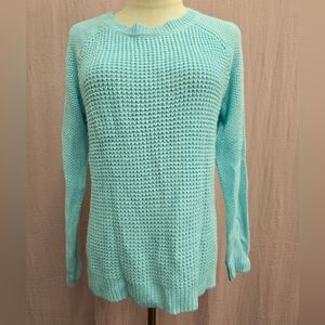 SO Heritage Crew Neck Long Sleeve Waffle Knit Sweater, Aqua Blue- Large